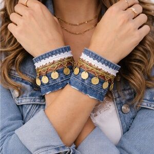 Artisan Boho Denim Cuff Bracelet Shabby Chic Gold Coin Tattered Raw Edge Signed